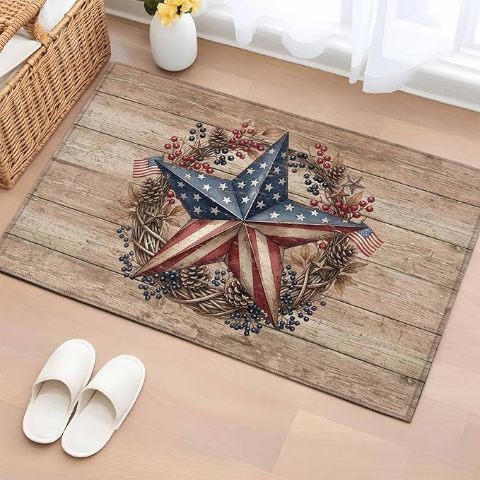 Area Rug 2x3ft, Independence Day USA Flag Star Washable Rugs for Living Room Bedroom, Farm Wood Background Soft Non-Slip Area Rugs Rectangle Floor Carpet for Dining Room