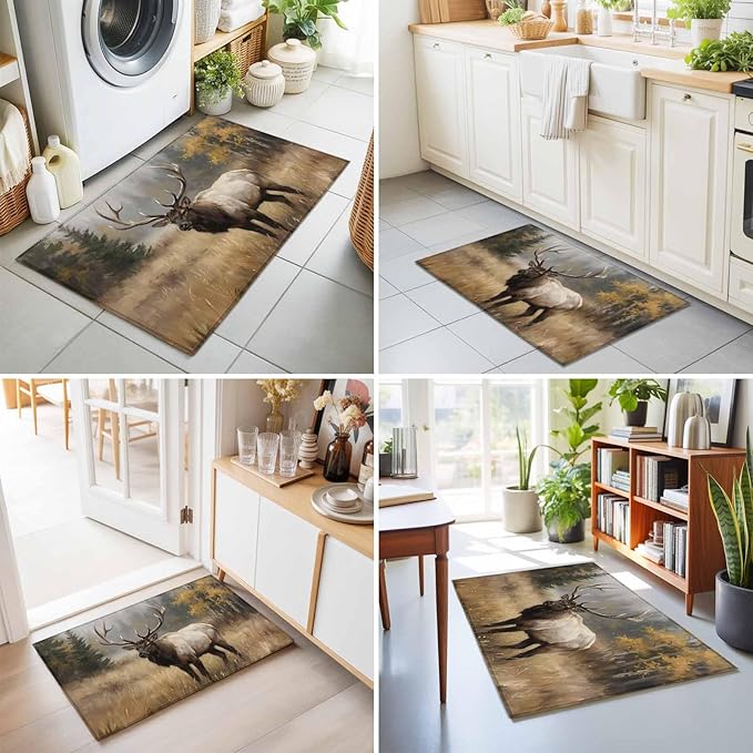 Area Rug 2x3ft, Brown Animals Elk Washable Rugs for Living Room Bedroom, Retro Forest Landscape Soft Non-Slip Area Rugs Rectangle Floor Carpet for Dining Room