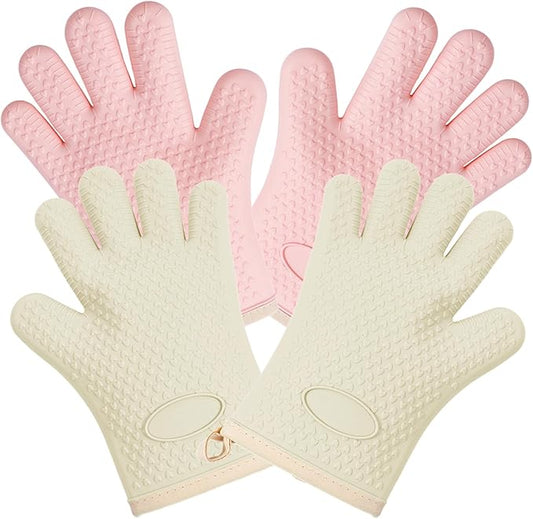 Kitchen Silicone Oven Gloves for Women 2 Pairs Oven Mitts with Fingers Heat Resistant Waterproof Handle Hot Food BBQ Grill Baking