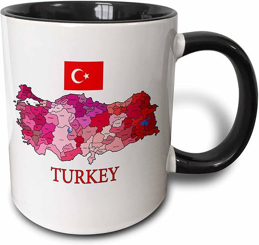 3dRose Map and Flag of Turkey with Provinces Labeled and Colored Two Tone Mug, 11 oz, Black