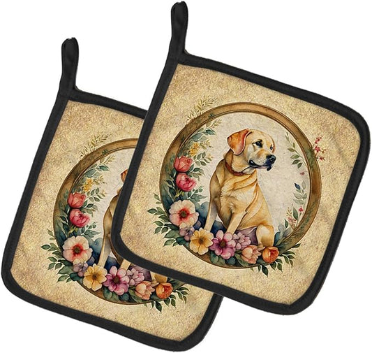 Caroline's Treasures Yellow Labrador Retriever and Flowers Pair of Pot Holders Kitchen Heat Resistant Pot Holders Sets Oven Hot Pads for Cooking Baking BBQ, 7 1/2 x 7 1/2