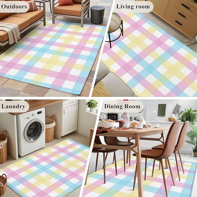 Area Rug 3x5ft, Spring Easter Colorful Lattice Washable Rugs for Living Room Bedroom, Minimalist Buffalo Checker Soft Non-Slip Area Rugs Rectangle Floor Carpet for Dining Room