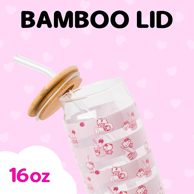 Silver Buffalo Sanrio Hello Kitty Strawberry Milk Pink Glass Jar Tumbler with Bamboo Lid and Glass Straw, 16 Ounces