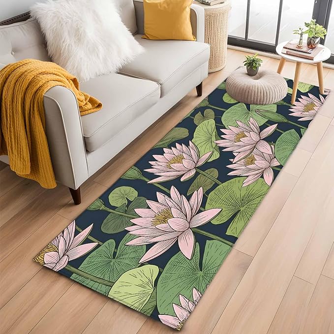 Runner Rug for Bedroom Hallway, Pink Lotus Water Lily Dark Green Leaves Kitchen Runner Rugs Area Rug 2x6ft, Oriental Style Washable Soft Floor Carpet for Entryway Stair