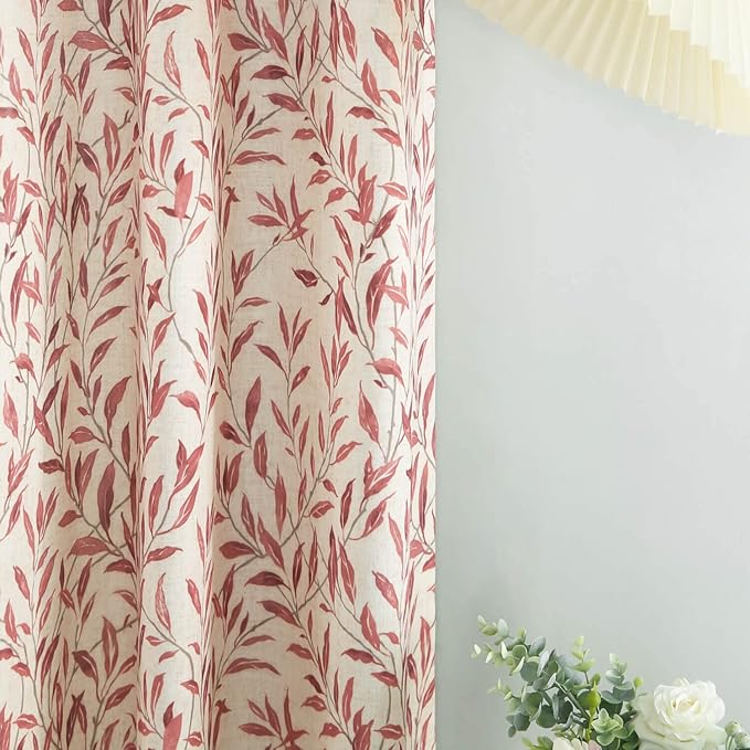 VOGOL Natural Window Curtains, Home Decor Light Filtering Rod Pocket Panels & Drapes, Red Country Rustic Leaves Printed Pattern for Bedroom Living Room, 42 x 45, 2 Pieces