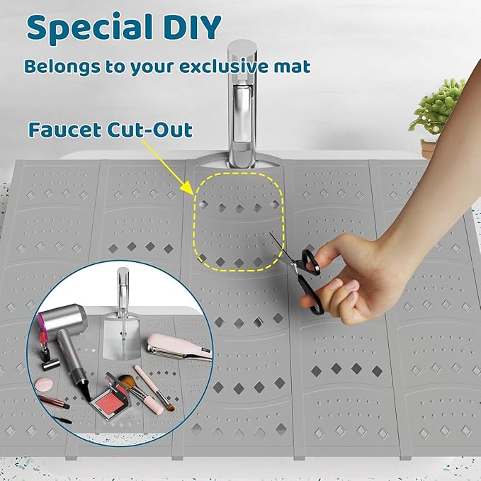 Bathroom Sink Cover for Counter Space, Foldable Silicone Makeup Mat for Hair Styling and Hot Tools, Steel Frame Core Sink Organizer for RV Camper and Small Vanity, DIY Cut to Fit, Grey