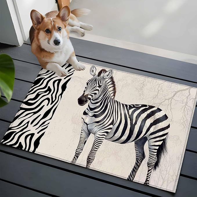 Area Rug 2x3ft, Zebra Black Stripe Animal Portrait Washable Rugs for Living Room Bedroom, Vintage Tree Branch Soft Non-Slip Area Rugs Rectangle Floor Carpet for Dining Room