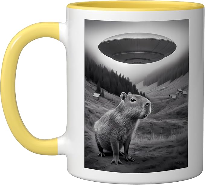 Vintage Capybara UFO Abduction Surreal Ironic Meme Ceramic Mug, Yellow/White