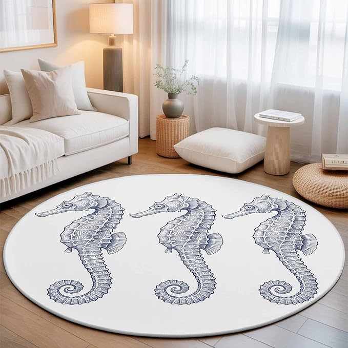 Washable Round Area Rug Summer Light Blue Seahorse Circle Rugs Floor Carpet for Living Room Bedroom, Underwater Ocean Animals Soft Non Slip Round Rug 5ft