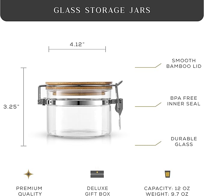 JoyJolt Glass Jars With Bamboo Lids (12 fl oz). 2PC Set of Airtight Storage Jars with Clamp Lids for Pantry Food Storage. Air Tight Sealable Glass Canisters Containers for Kitchen Organization