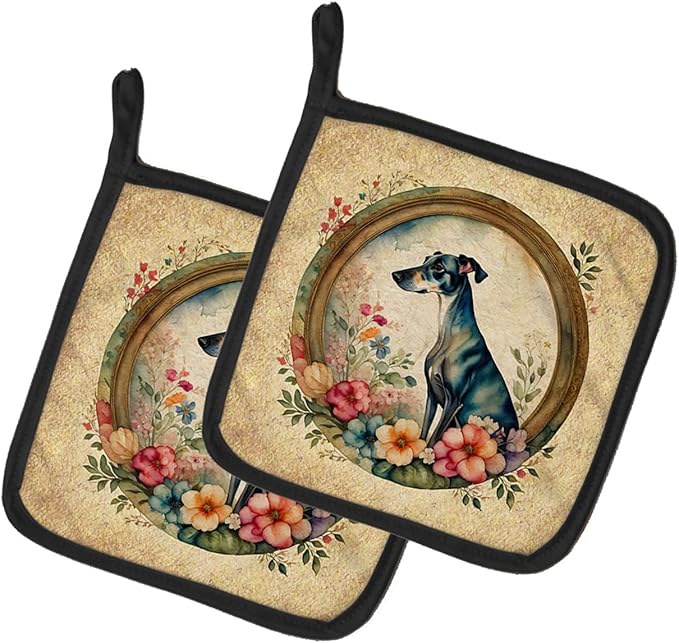 Caroline's Treasures Greyhound and Flowers Pair of Pot Holders Kitchen Heat Resistant Pot Holders Sets Oven Hot Pads for Cooking Baking BBQ, 7 1/2 x 7 1/2