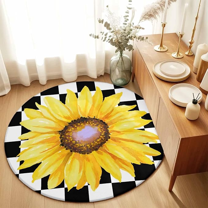 Washable Round Area Rug Watercolor Sunflower on Checkered Circle Rugs Floor Carpet for Living Room Bedroom, Yellow Black White Soft Non Slip Round Rug 3ft
