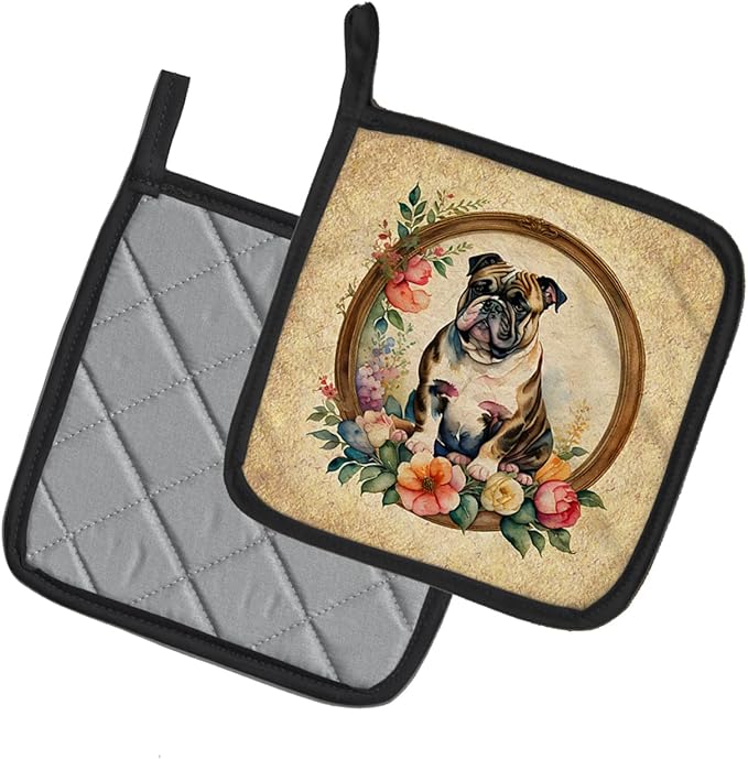 Caroline's Treasures English Bulldog and Flowers Pair of Pot Holders Kitchen Heat Resistant Pot Holders Sets Oven Hot Pads for Cooking Baking BBQ, 7 1/2 x 7 1/2
