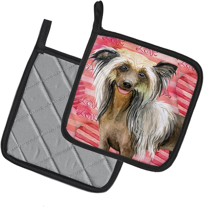 Caroline's Treasures BB9746PTHD Chinese Crested Love Pair of Pot Holders, Red Kitchen Heat Resistant Pot Holders Sets Oven Hot Pads for Cooking Baking BBQ, 7 1/2 x 7 1/2