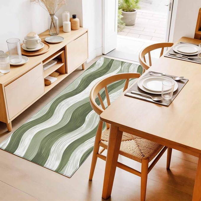Runner Rug for Bedroom Hallway, Modern Sage Green Gradient Stripe Kitchen Runner Rugs Area Rug 2x6ft, Abstract Ocean Wave Washable Soft Floor Carpet for Entryway Stair