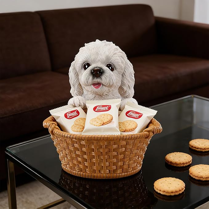White Poodle Candy Bowl, Resin Dog Figurine Key Bowl for Entryway Table, Desktop Storage Basket Organizer for Desk, Unique Dog Lover Gift