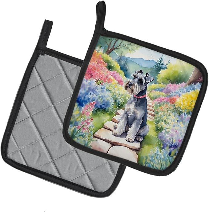 Caroline's Treasures Schnauzer Spring Path Pair of Pot Holders Kitchen Heat Resistant Pot Holders Sets Oven Hot Pads for Cooking Baking BBQ, 7 1/2 x 7 1/2