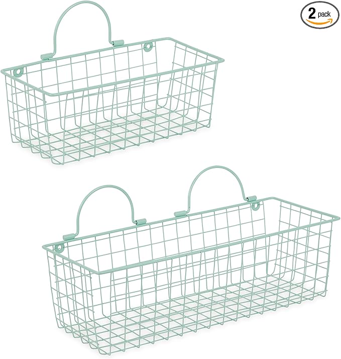 DII Farmhouse Vintage Decor, Wire Wall Basket, Assorted, Aqua, 2 Piece