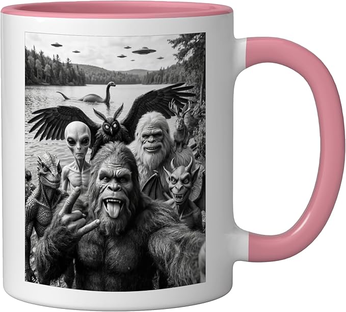 Bigfoot Alien Loch Ness Monster UFO Cryptids Selfie Ceramic Mug, Pink/White