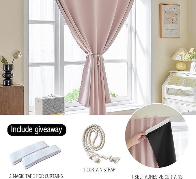 AJAZZ Self Adhesive Curtains 100% Blackout Shades Window Cover Sticky Curtain Portable Easy Open Blackout Curtains for Bedroom Living Room No Drilling (Pink, 59" W x 63" L) 1 Panel