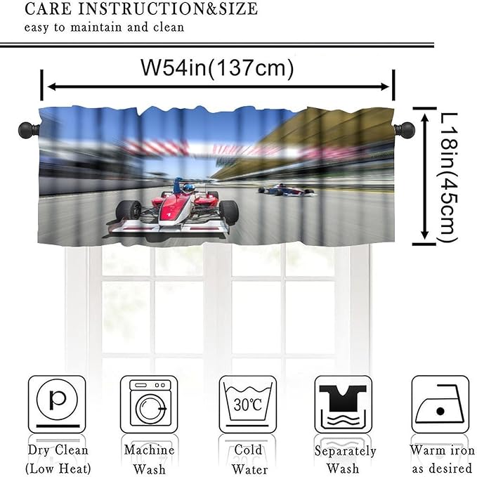 Racing Car Valance Curtain Extreme Sports Car Race Track Finish Line Pattern Rod Pocket Valance Window Treatments Short Curtains for Kitchen Bathroom Farmhouse Living Room 54x18inch