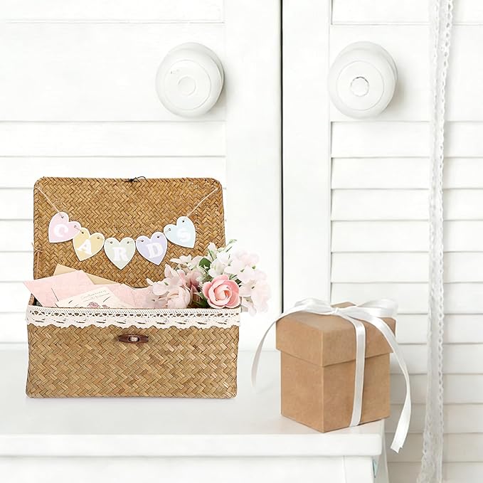 Hipiwe Wedding Card Basket Box Handwoven Seagrass Basket Bin with Letter Flag Wedding Favors Post Box Reception Card Holder for Party, Birthday, Graduation, Baby & Bridal Shower