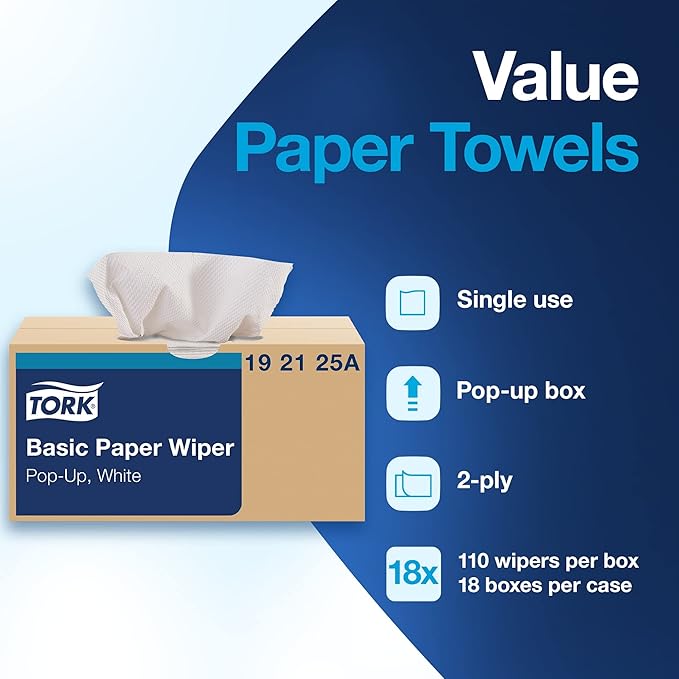 Tork Basic Paper Wiper White, Pop-up Box, 18 x 110 Sheets, 192125A