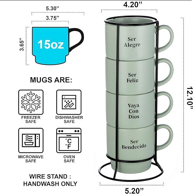 Signature Housewares Stackable Coffee Mug Tower Set with Metal Wire Rack - 15 Ounce Coffee Mugs for Coffee, Tea, Cocoa, Milk, Cappuccino, Hot Chocolate Set of 4 - Spanish Bendecida Blessed