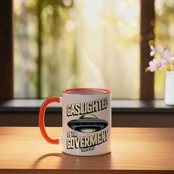UFO Since 1947 Gaslighted by the Government Ceramic Mug, Orange/White