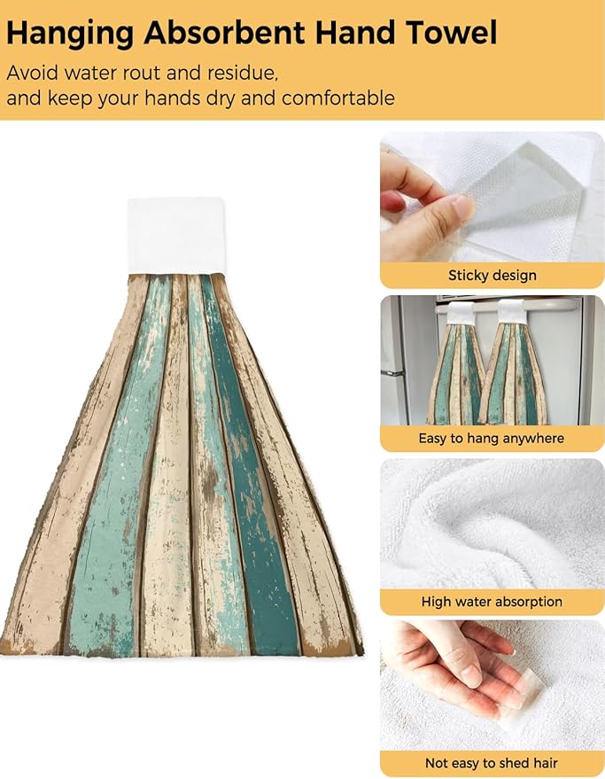 Alandar Home Kitchen Tie Towel Set of 1, Farm Brown Wood Board Retro Absorbent Soft Hand Towels for Bathroom Hanging Towels, Farm Shabby Wood Grain Fast Drying Cleaning Cloth with Loop