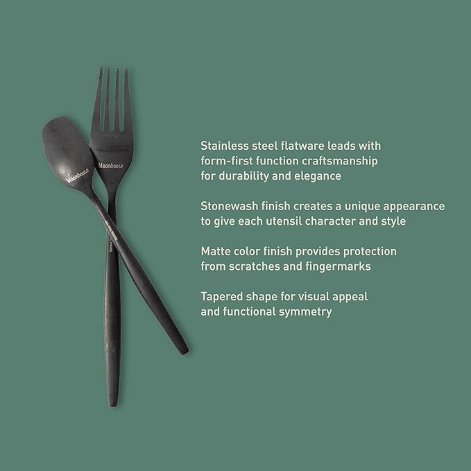 Bloomhouse - Two Time Oprah's Favorite Things Winner - 20 Piece Stone Washed Black Flatware 18/10 Stainless Steel Silverware Cutlery Utensil Set With Acacia Wood Caddy - Service for 4
