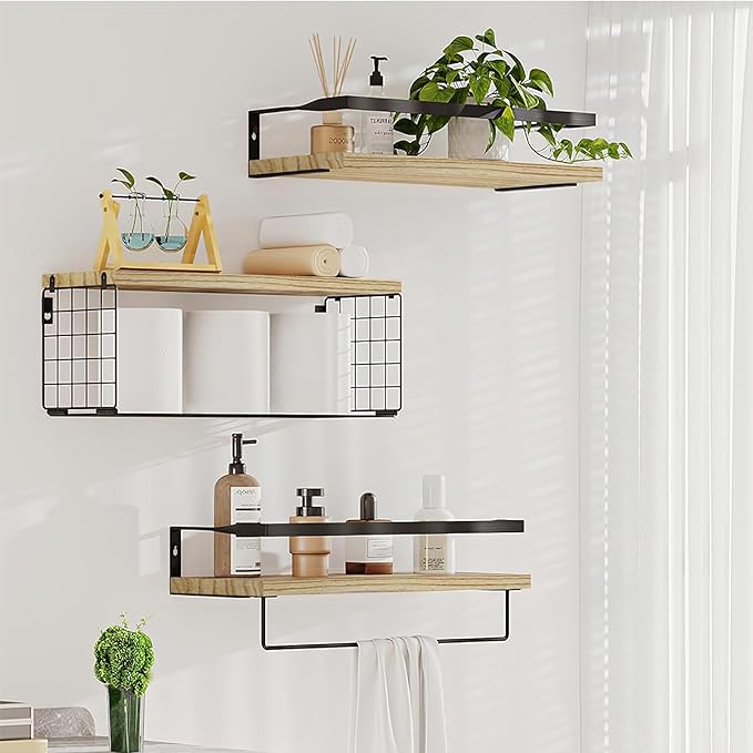 Upgrade Towel Racks for Bathroom Wall Mounted, 3 Pack Floating Shelves with Storage Basket, Bathroom Organizes, Wall Mounted Rustic Wood Shelves for Bedroom, Living Room, Kitchen (Yellow)