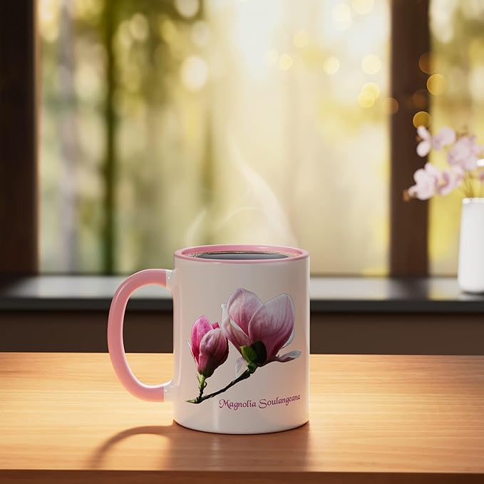 Magnolia Soulangeana Flower Saucer Magnolia Flower Ceramic Mug, Pink/White