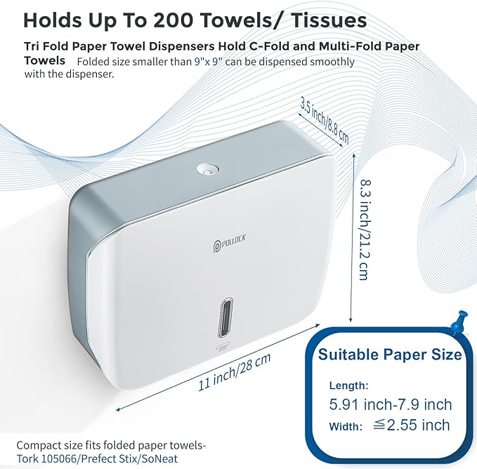 Paper Towel Holder Dispenser Wall Mount,Multifold/Trifold/C Fold Hand Towel Dispenser,Commercial Paper Towel Dispenser for Bathroom Tissue Dispenser,Large Capacity 200 Sheets