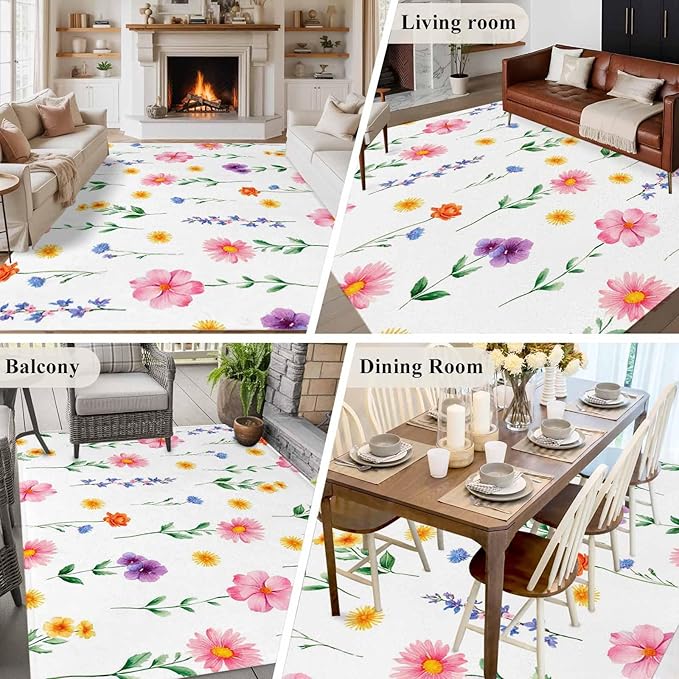 Area Rug 8x10ft, Watercolor Farmhouse Flower Washable Rugs for Living Room Bedroom, Yellow Pink Purple Blue Floral Soft Non-Slip Area Rugs Rectangle Floor Carpet for Dining Room