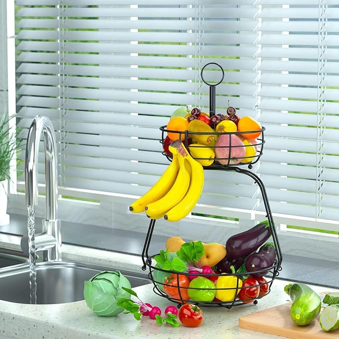 House Warming Gifts New Home, Fruit Basket for Kitchen Counter, 2 Tier Countertop Fruit Bowl Vegetable Baskets with Banana Hanger, Storage Basket for Snack, Home Decor, Kitchen Appliances