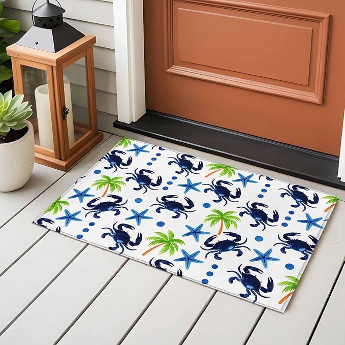 Area Rug 2x3ft, Abstract Blue Crab Starfish Washable Rugs for Living Room Bedroom, Watercolor Palm Tree Soft Non-Slip Area Rugs Rectangle Floor Carpet for Dining Room