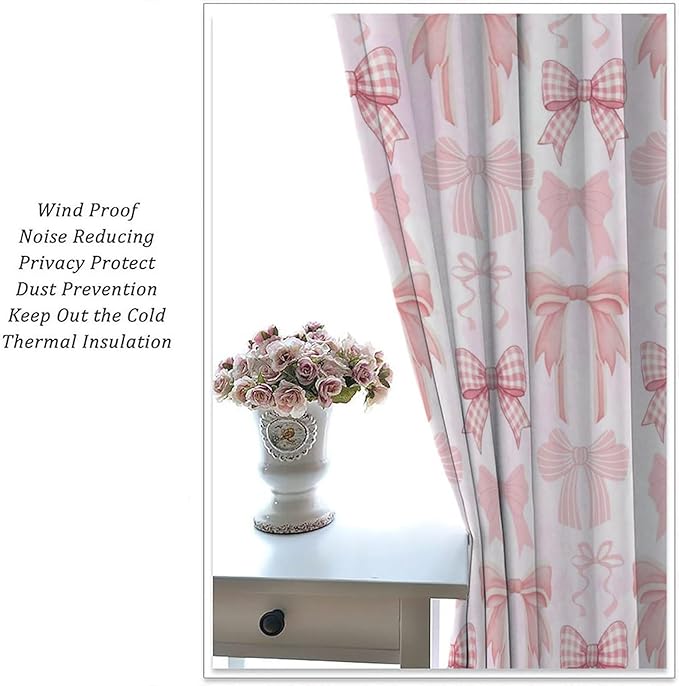 Bowknot Blackout Curtain,Kids Girls Cute Pink Bow Ties Print Window Treatment Curtains Dining Room Living Room Kitchen Cafe Bedroom Office Nursery Drapes,84x84 in