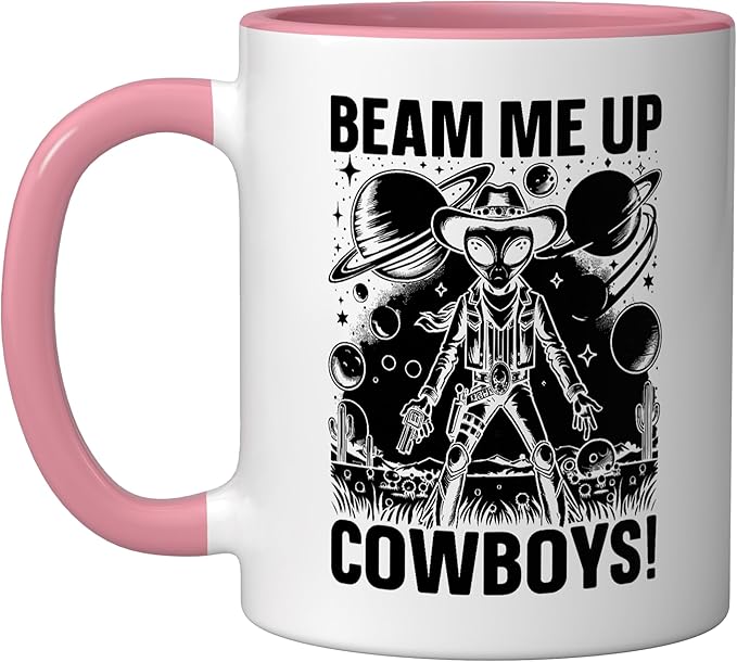 Alien Lover Flying Saucer UFO Extraterrestrial Cowboy Ceramic Mug, Pink/White
