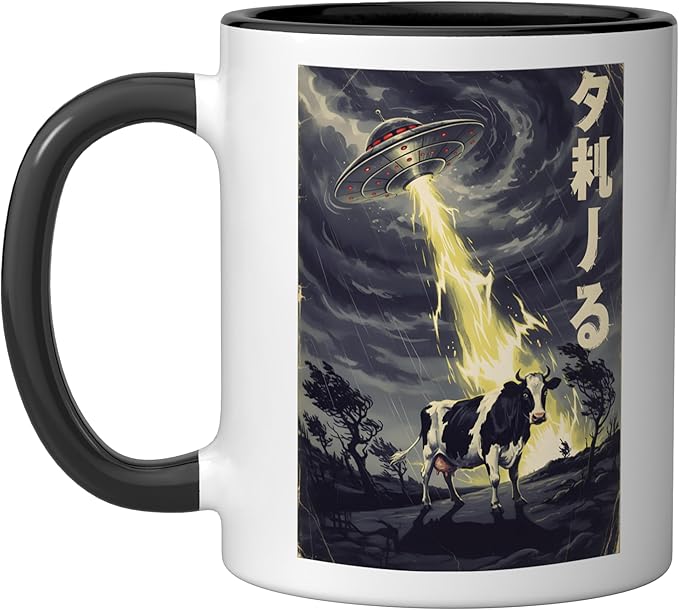 Japanese UFO Cow Abduction Dark Sci Fi Horror Art Ceramic Mug, Black/White