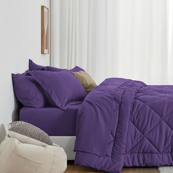 Love's cabin Twin Comforter Set Purple, 5 Pieces Twin Bed in a Bag, All Season Bedding Sets with 1 Comforter, 1 Flat Sheet, 1 Fitted Sheet, 1 Pillowcase and 1 Pillow Sham | Soft, Breathable, Lightweight, Comfortable