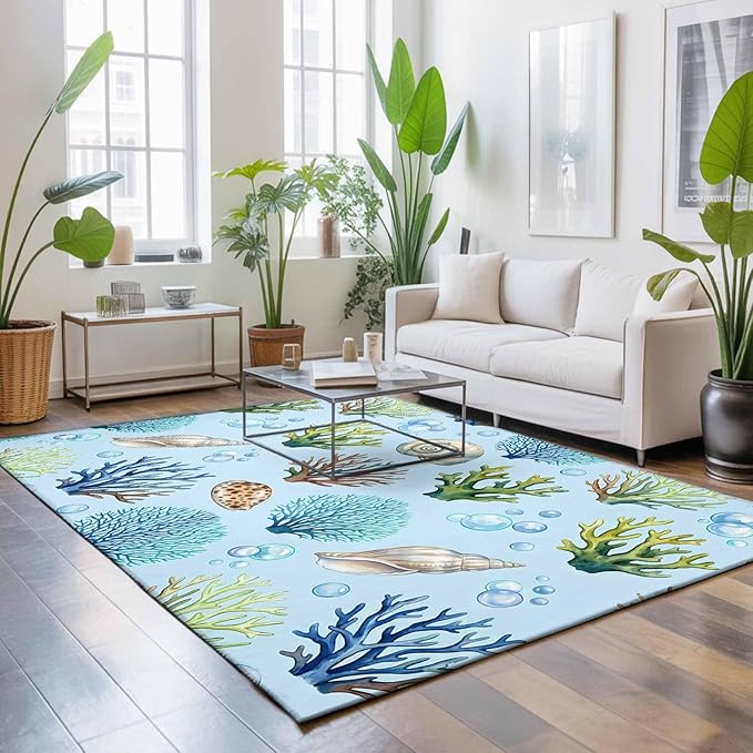 Area Rug 4x6ft, Coastal Shell Coral Bubble Washable Rugs for Living Room Bedroom, Nautical Ocean Blue Underwater Scene Soft Non-Slip Area Rugs Rectangle Floor Carpet for Dining Room