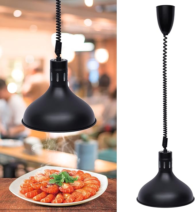 250W Commercial Hanging Food Heat Lamp, 110V Ceiling Mounted Infrared Food Warmer Light, 122℉ Retractable Warming Lamp for Restaurant Buffet Kitchen Cafeteria Hotel and Home Use(Black)