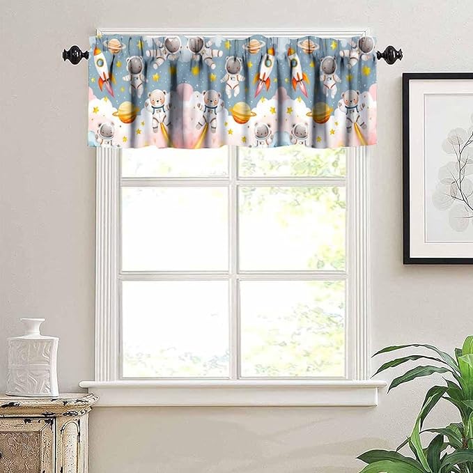 Cartoon Space Valance, Kids Cute Bear Astronaut Pink Clouds Rocket Short Window Treatment for Kitchen Dining Room Bedroom Nursery, 54x18Inch