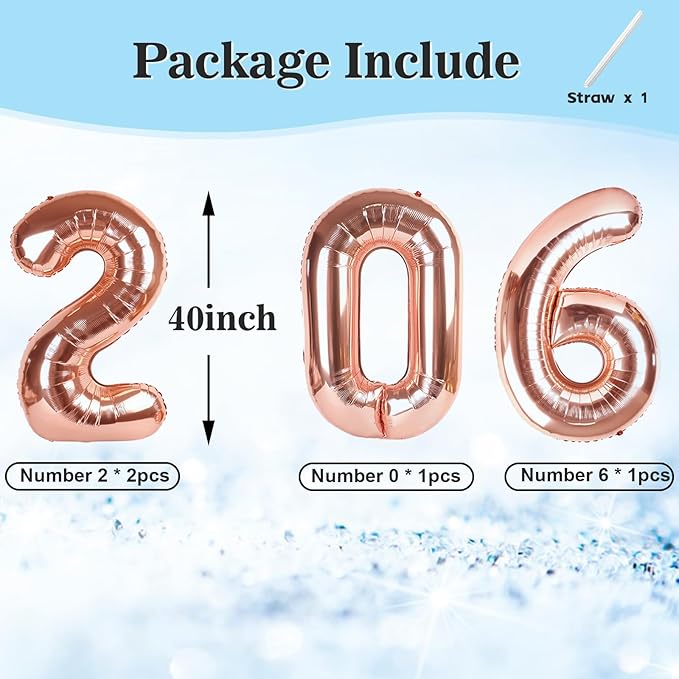2026 Number Balloons, 2026 Decorations New Years, Rose Gold 40 Inch Balloon for New Years Eve Decorations & Graduation Decoration Party Supplies, 2 6 20 26 Birthday Parties