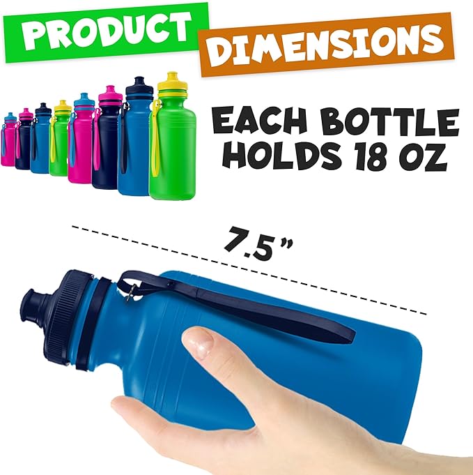 Bedwina Bulk Water Bottles For Kids - (Bulk Pack of 36) 18 Oz - 7.5 Inch BPA-Free Plastic Water Bottles w/Pop-up Tops for Summer, Reusable Water Bottle for School, Sports Birthday Party Favors