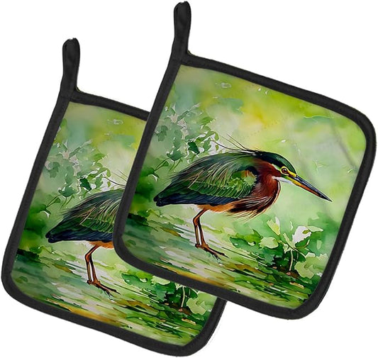 Caroline's Treasures Green Heron Pair of Pot Holders Kitchen Heat Resistant Pot Holders Sets Oven Hot Pads for Cooking Baking BBQ, 7 1/2 x 7 1/2
