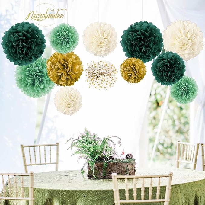 NICROLANDEE Green Wedding Party Decorations - 12 PCS Emerald Green Ivory Tissue Paper Pom Poms for Neutral Baby Shower, Vintage Party, Birthday, Bridal Showers, Rustic Wedding Decorations