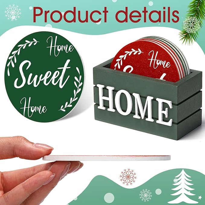 Queekay Coasters Set of 6 House Warming Gifts New Home Wooden Farmhouse Drink Coasters with Holder 4'' Funny Decoration for Kitchen Family Coffee Bar Tabletop Protection(Red,Green)