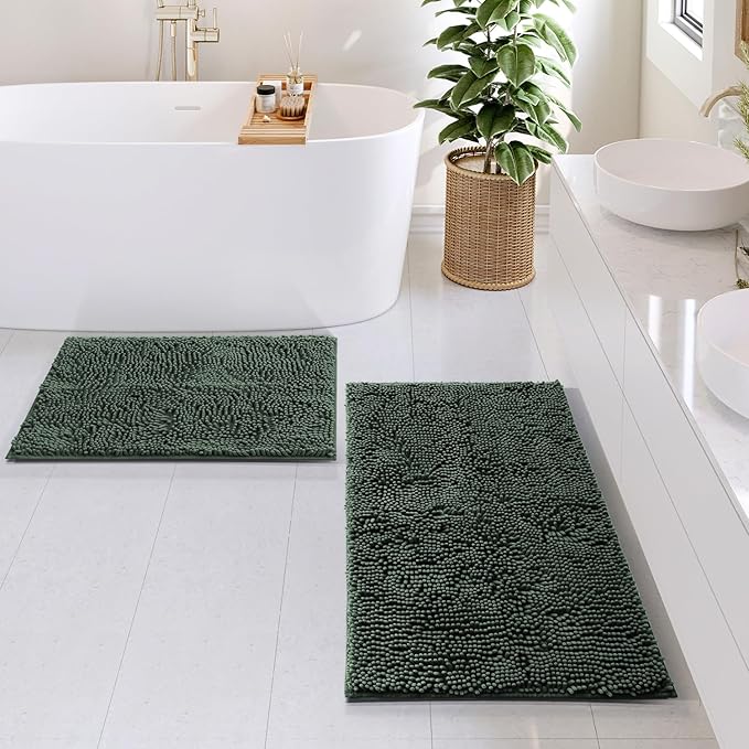Clara Clark Hunter Green Shower Curtain Set with Rugs - Bathroom Sets with Shower Curtain and Rugs, Fabric Shower Curtains and 2 Bath Mats, Modern Bathroom Shower and Curtain Sets for Tub Or Stall